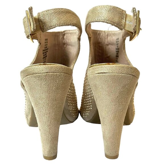 Jennifer Lopez Sasha Bling Champagne Suede Slingback Gold Stud Peep Toe Heels-9M - Picture 5 of 15
